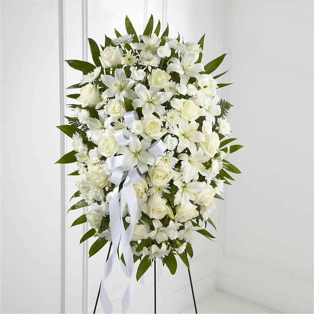 Exquisite Tribute Standing Spray-White Ribbon – Family Fare Supermarkets #3785, Omaha NE