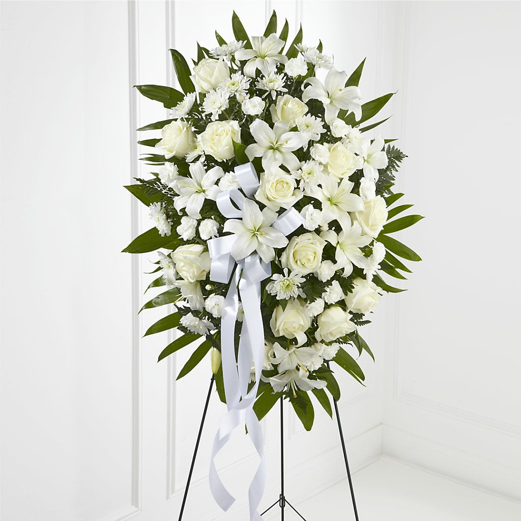 Exquisite Tribute Standing Spray-White Ribbon – Family Fare Supermarkets #3785, Omaha NE