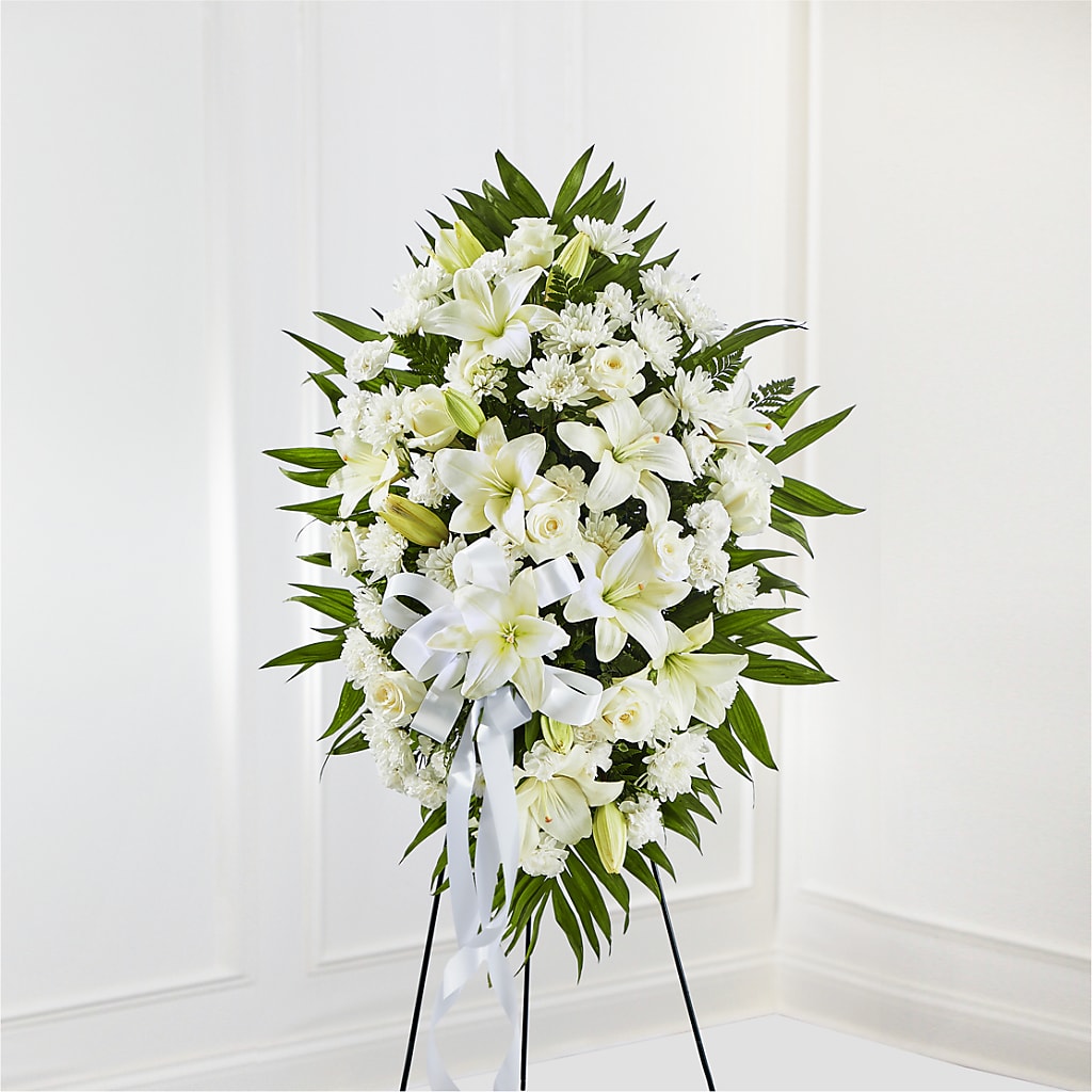 Exquisite Tribute Standing Spray-White Ribbon – Family Fare Supermarkets #3785, Omaha NE